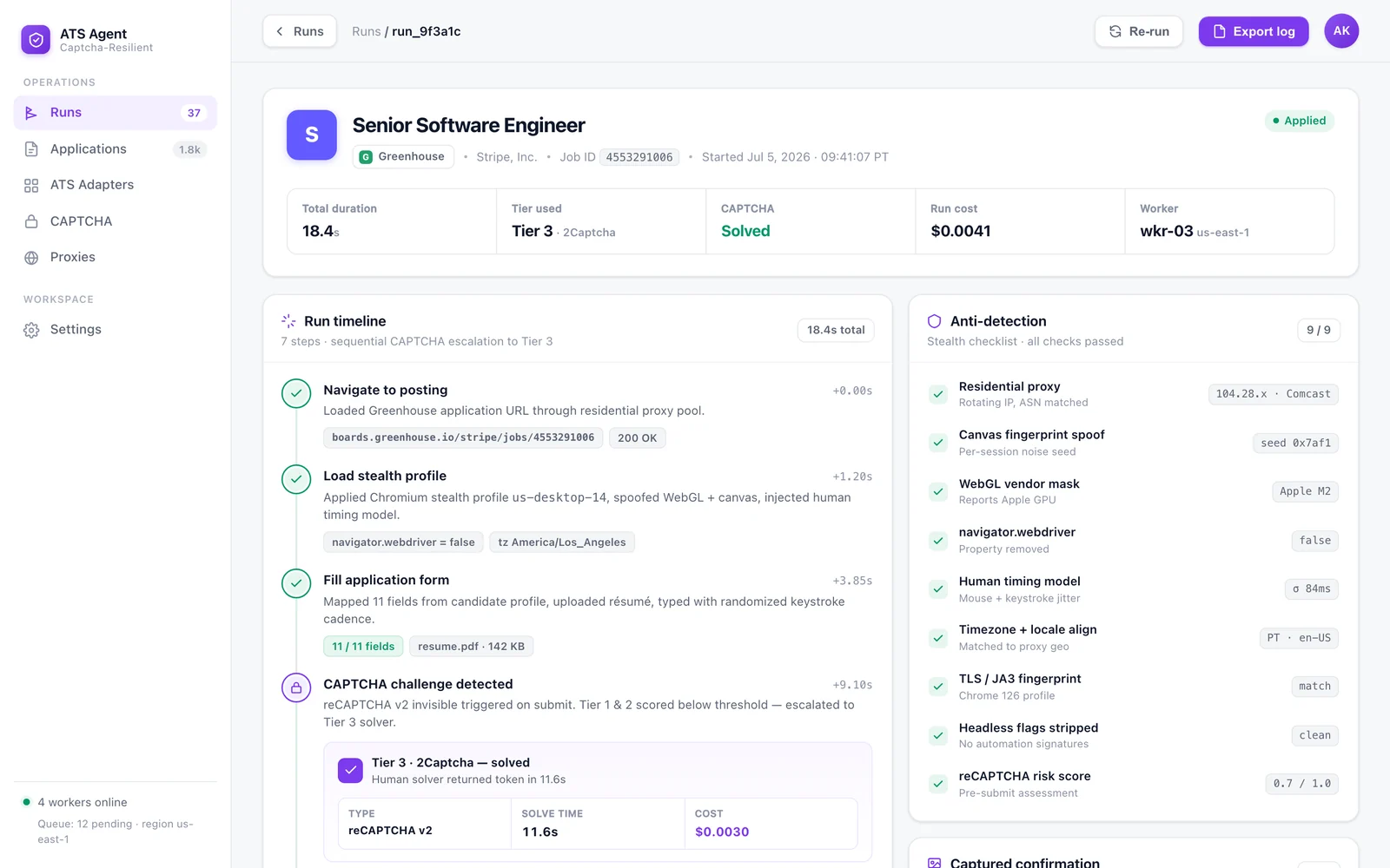 ATS automation runs dashboard — success by CAPTCHA tier across ATS platforms