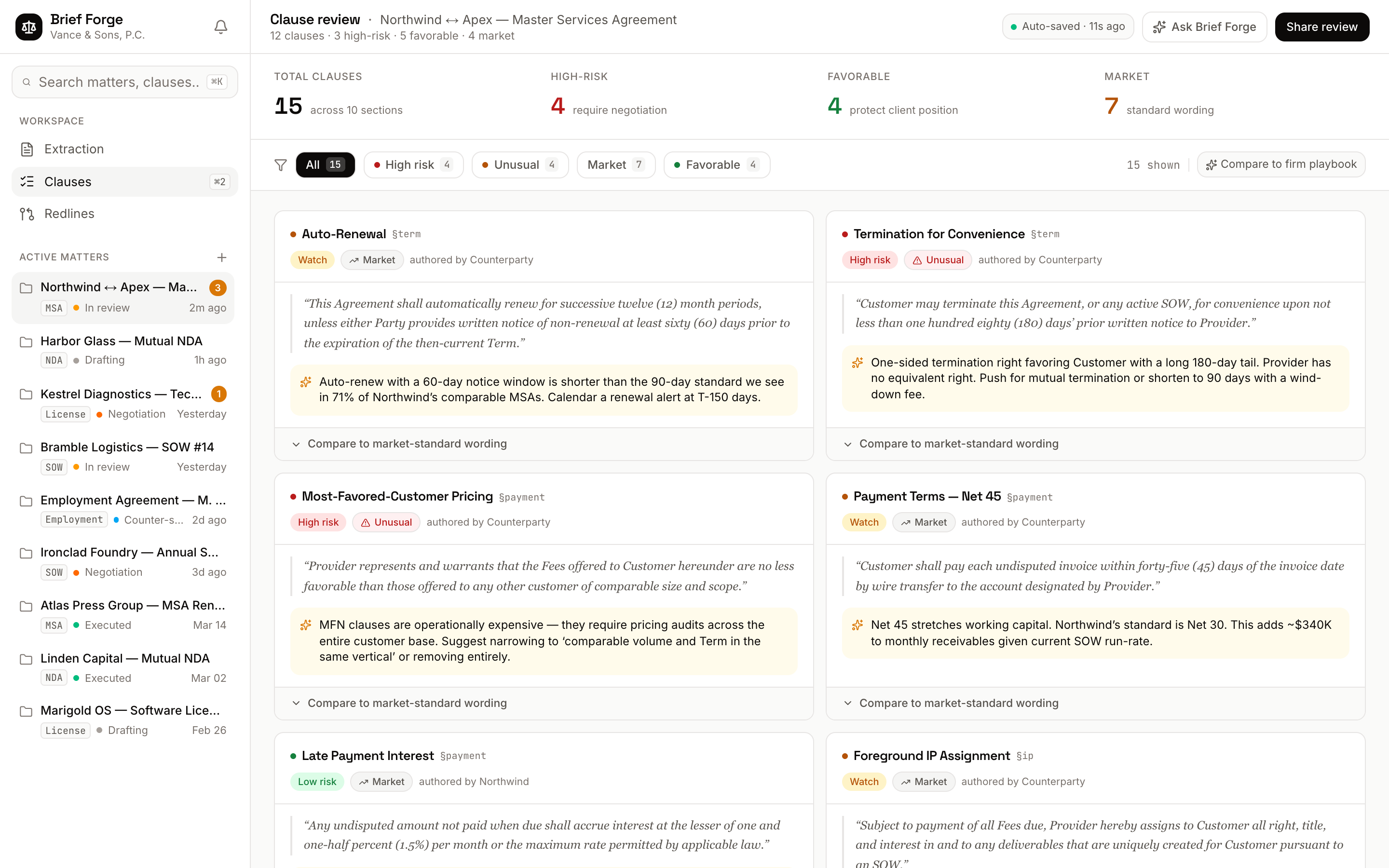 Clause-by-clause risk grid
