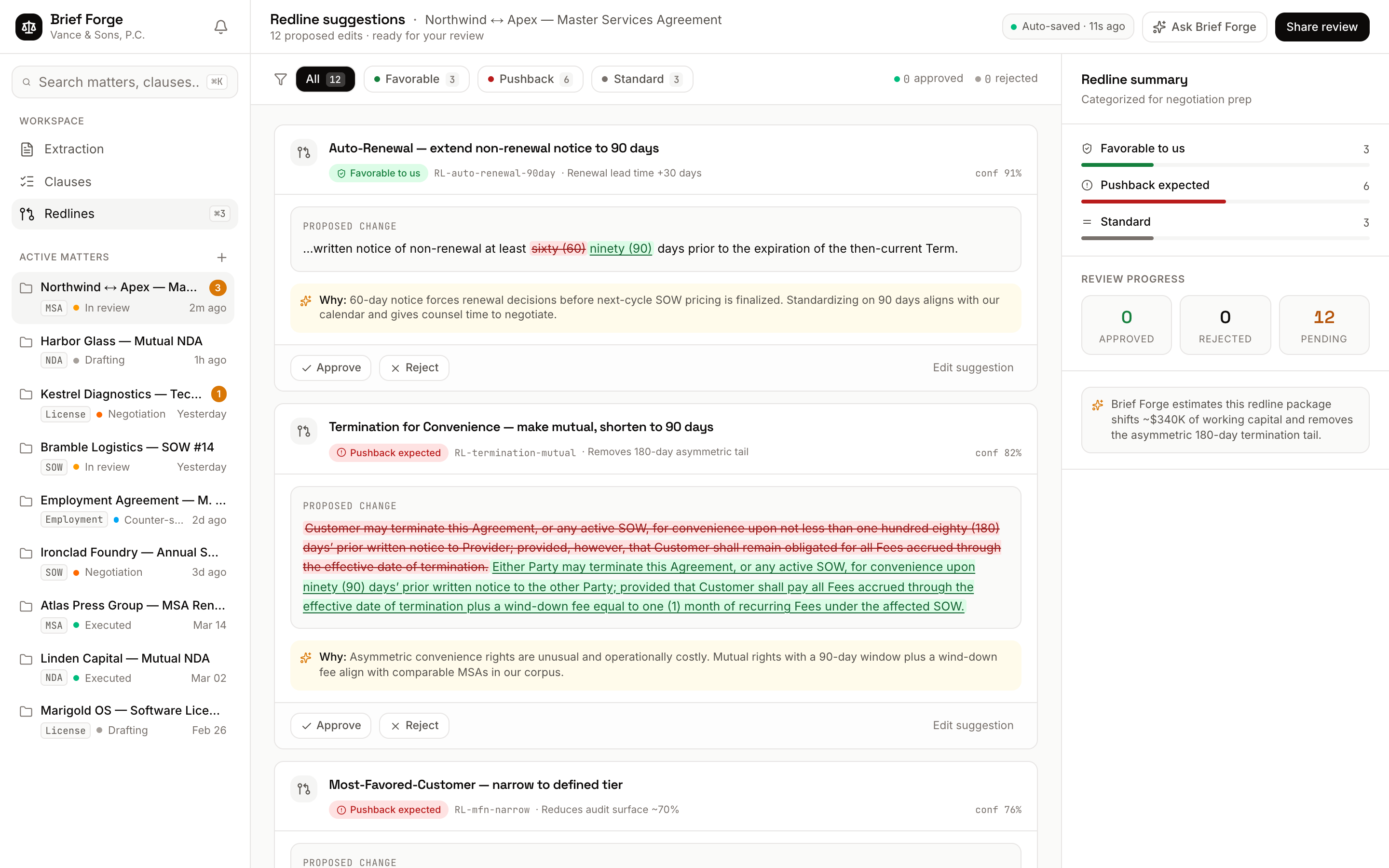 Redline view with inline diffs and approve/reject