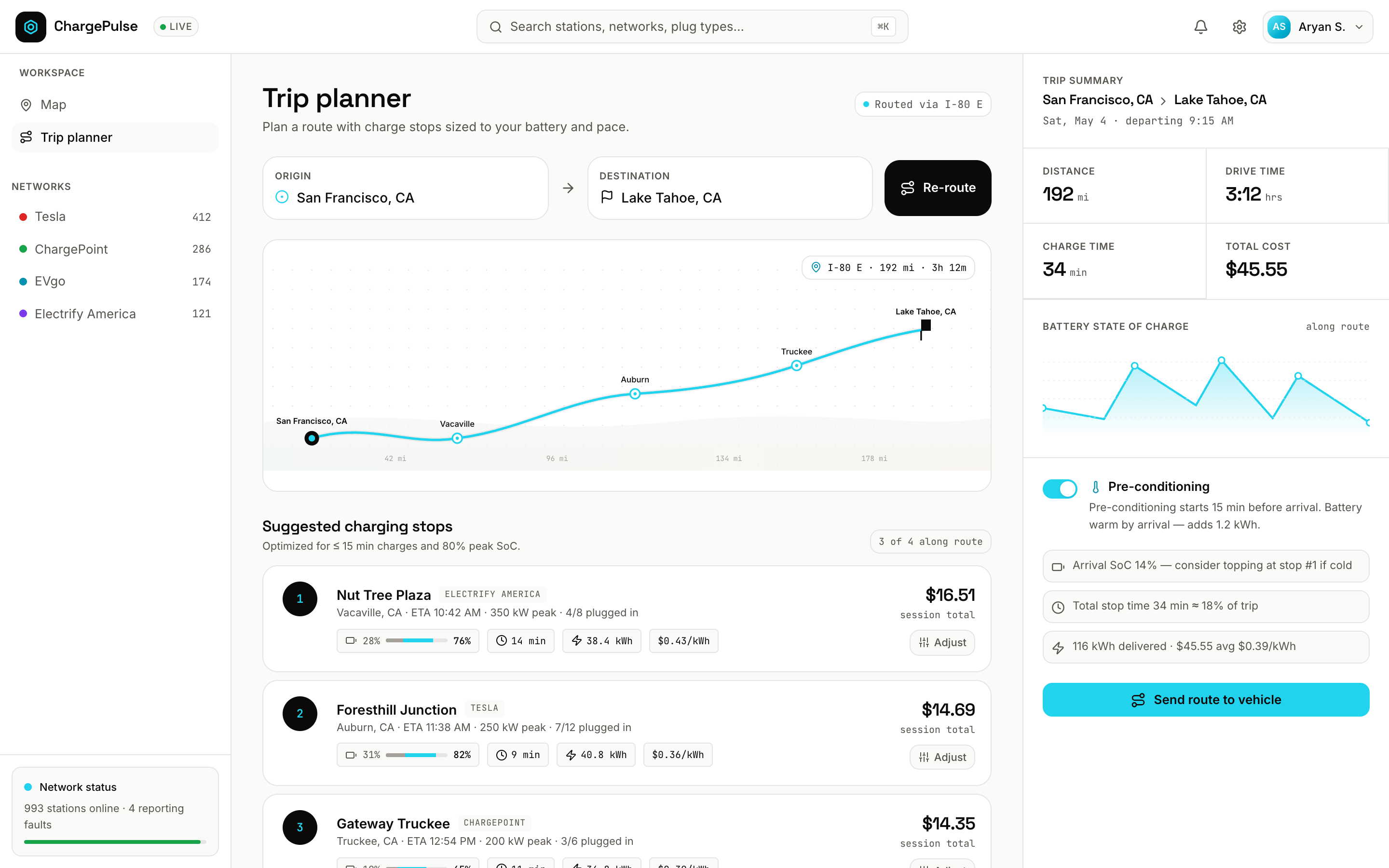 Trip planner with charging stops along the route