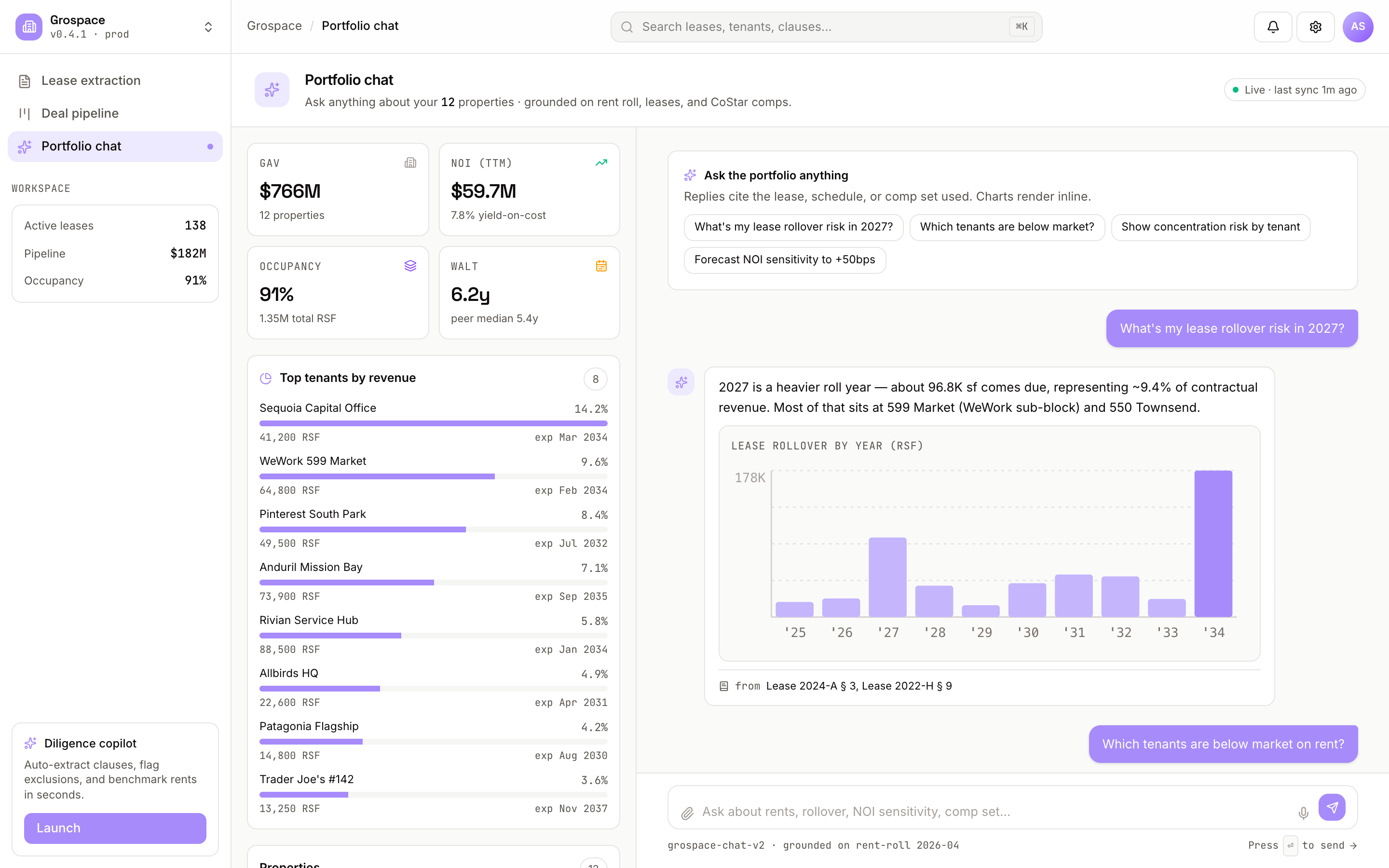 AI portfolio chat with inline bar chart