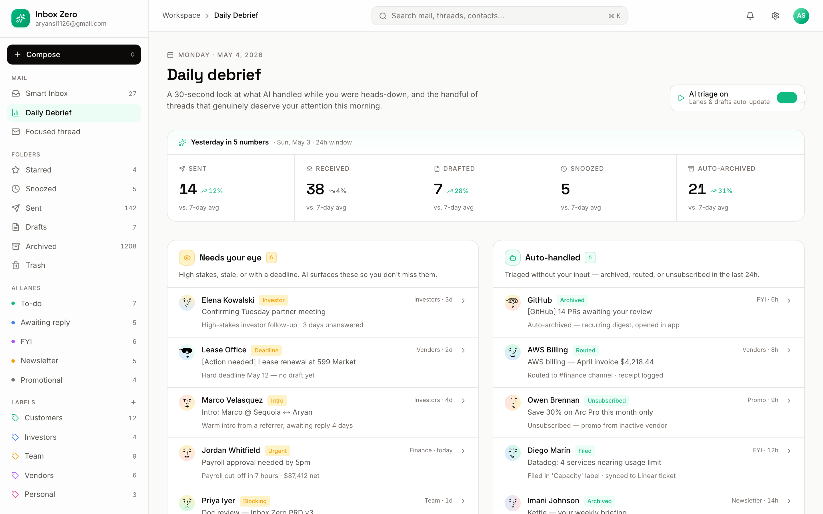Daily debrief with trends and auto-handled list