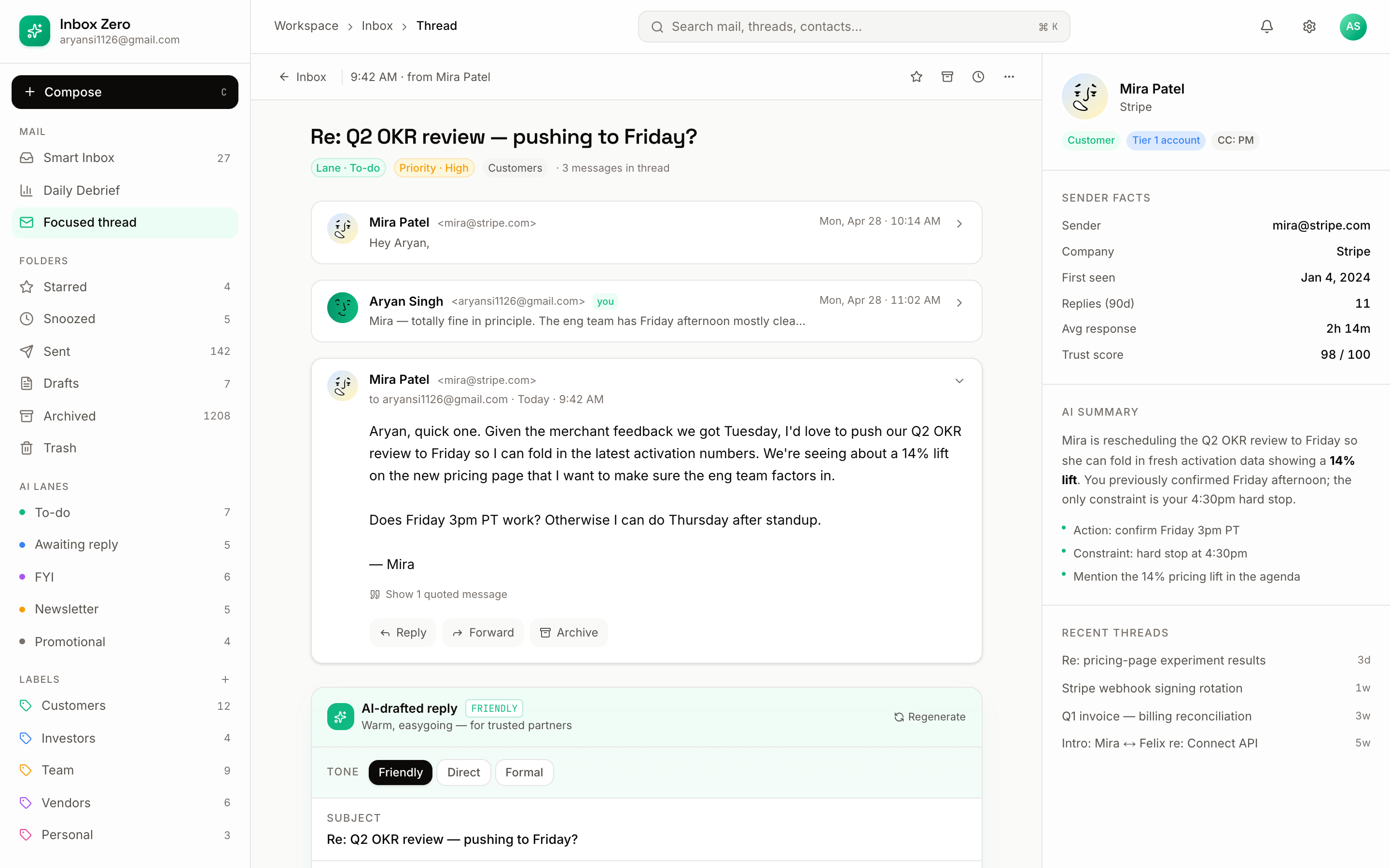 Email thread with drafted reply and citations