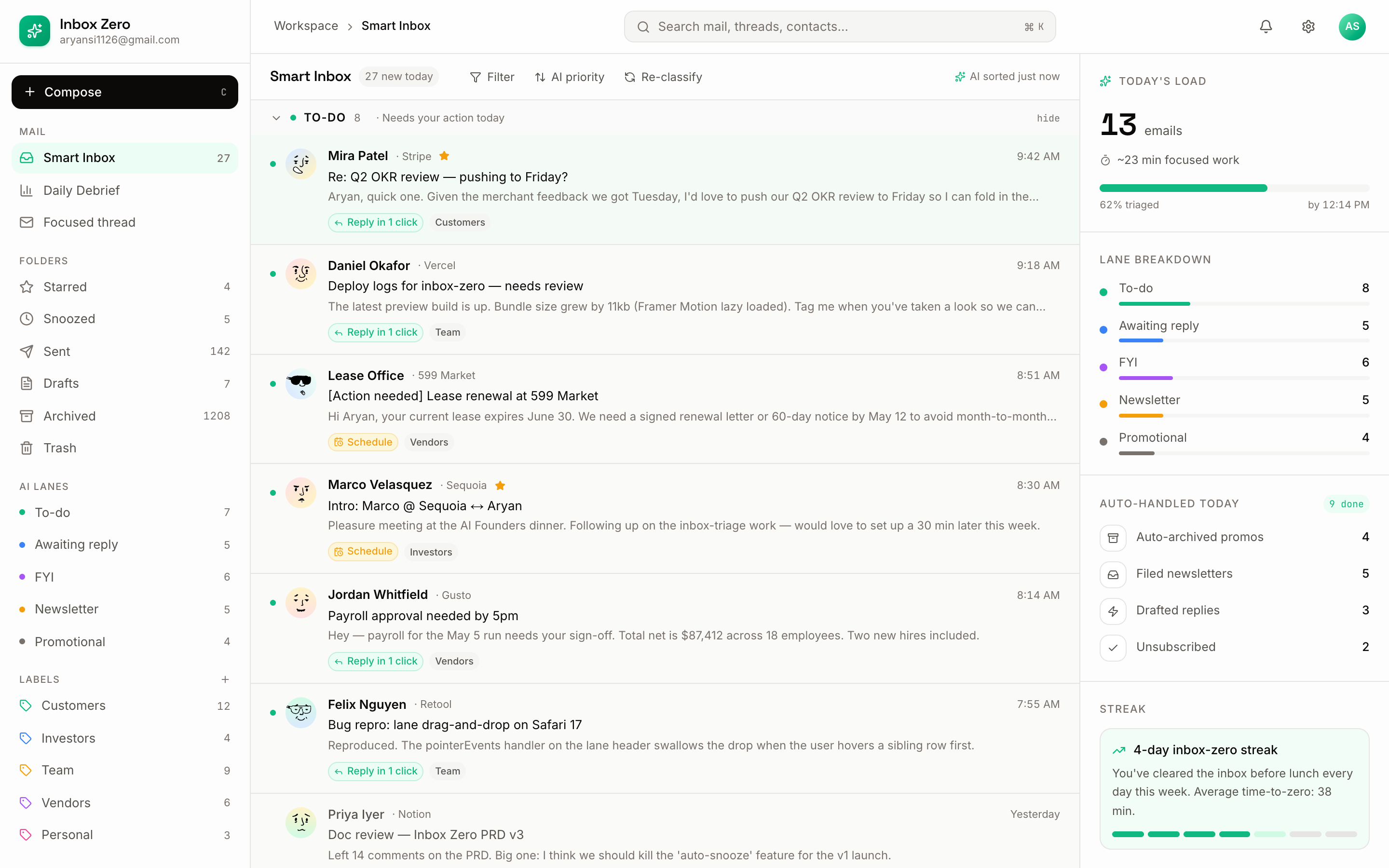 Smart inbox three-pane layout with AI-classified lanes and suggested actions
