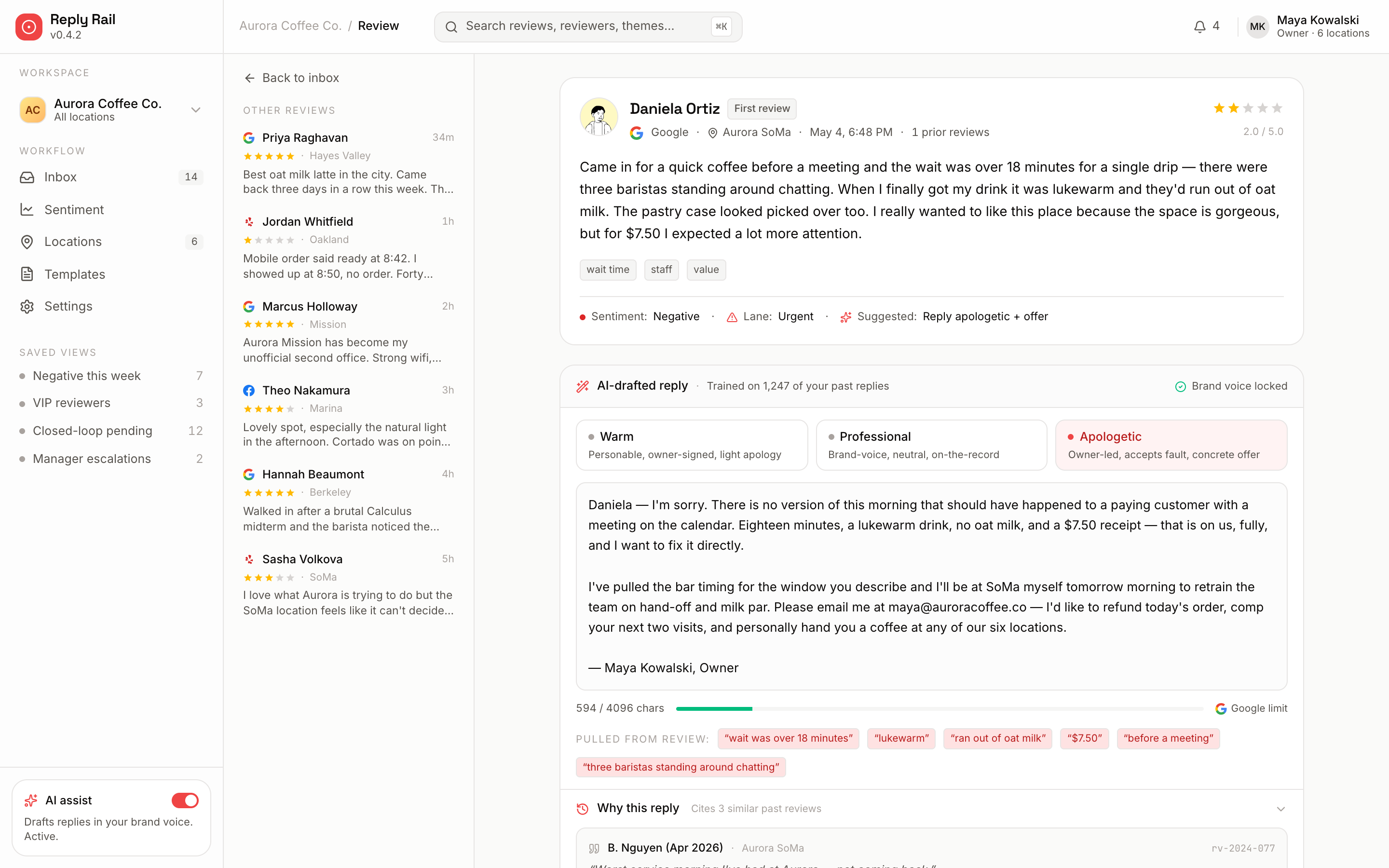 Review detail with drafted reply and tone selector