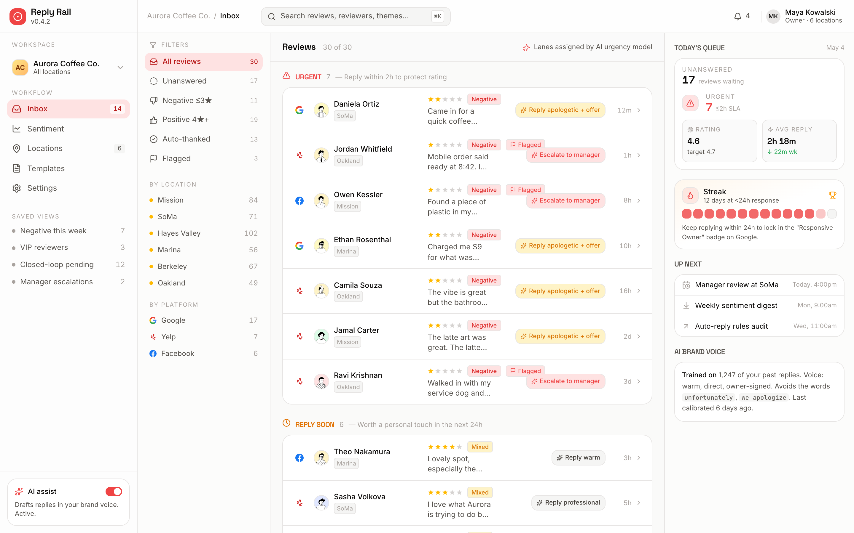 Three-platform reviews inbox with 25+ reviews across four AI urgency lanes