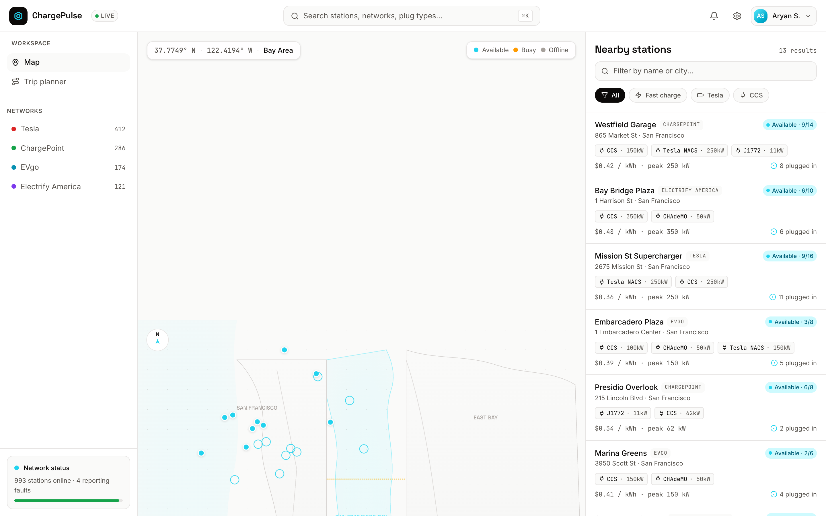 ChargePulse map view with pulsing station markers across the SF Bay Area