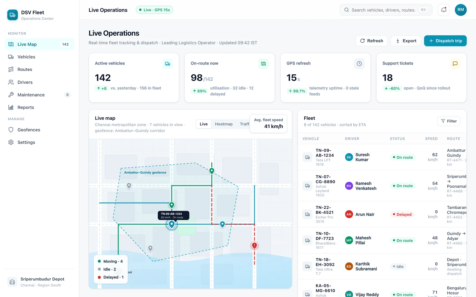 DSV Fleet live operations dashboard — live map, vehicles and routes