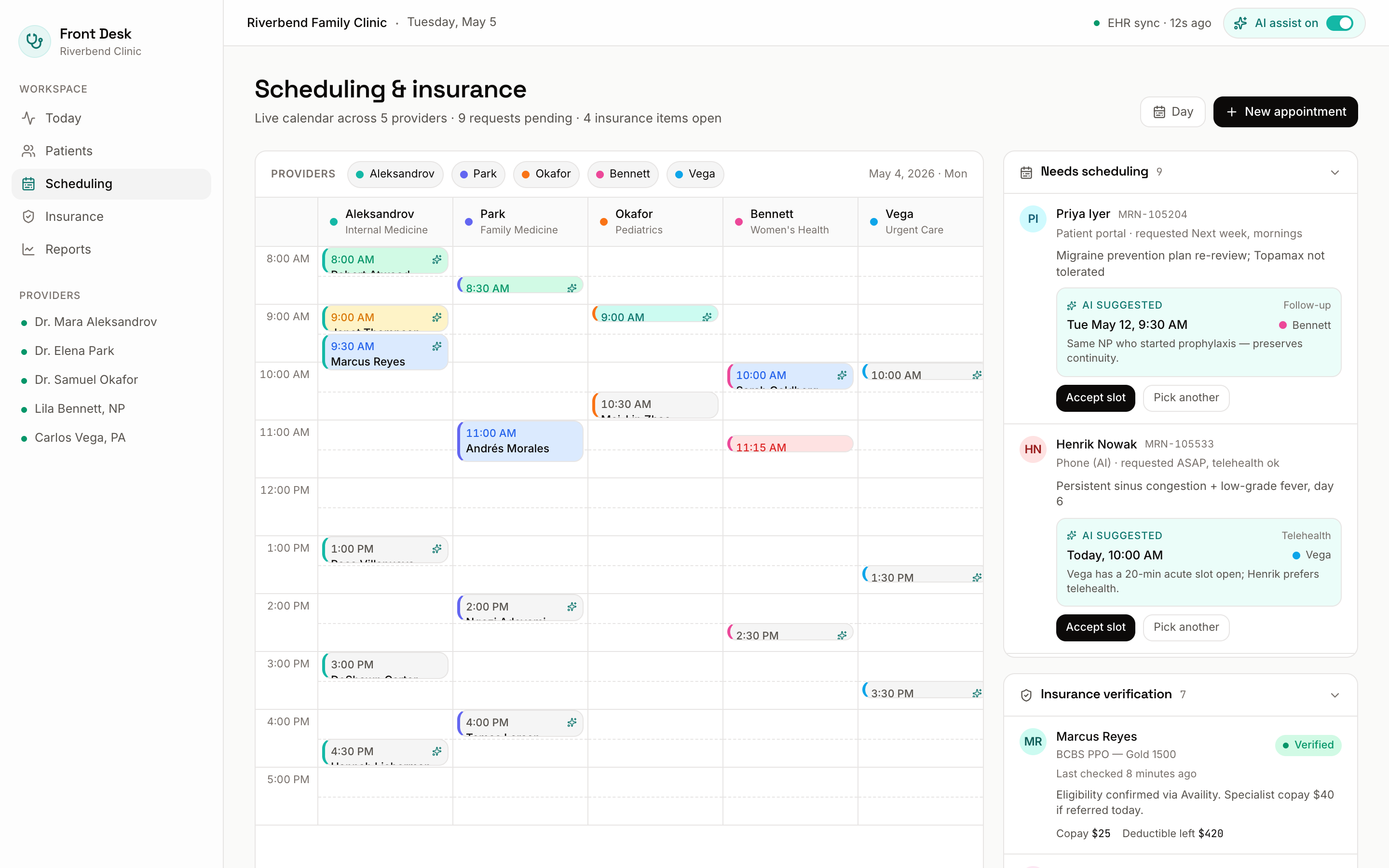Calendar with provider columns and scheduling queues