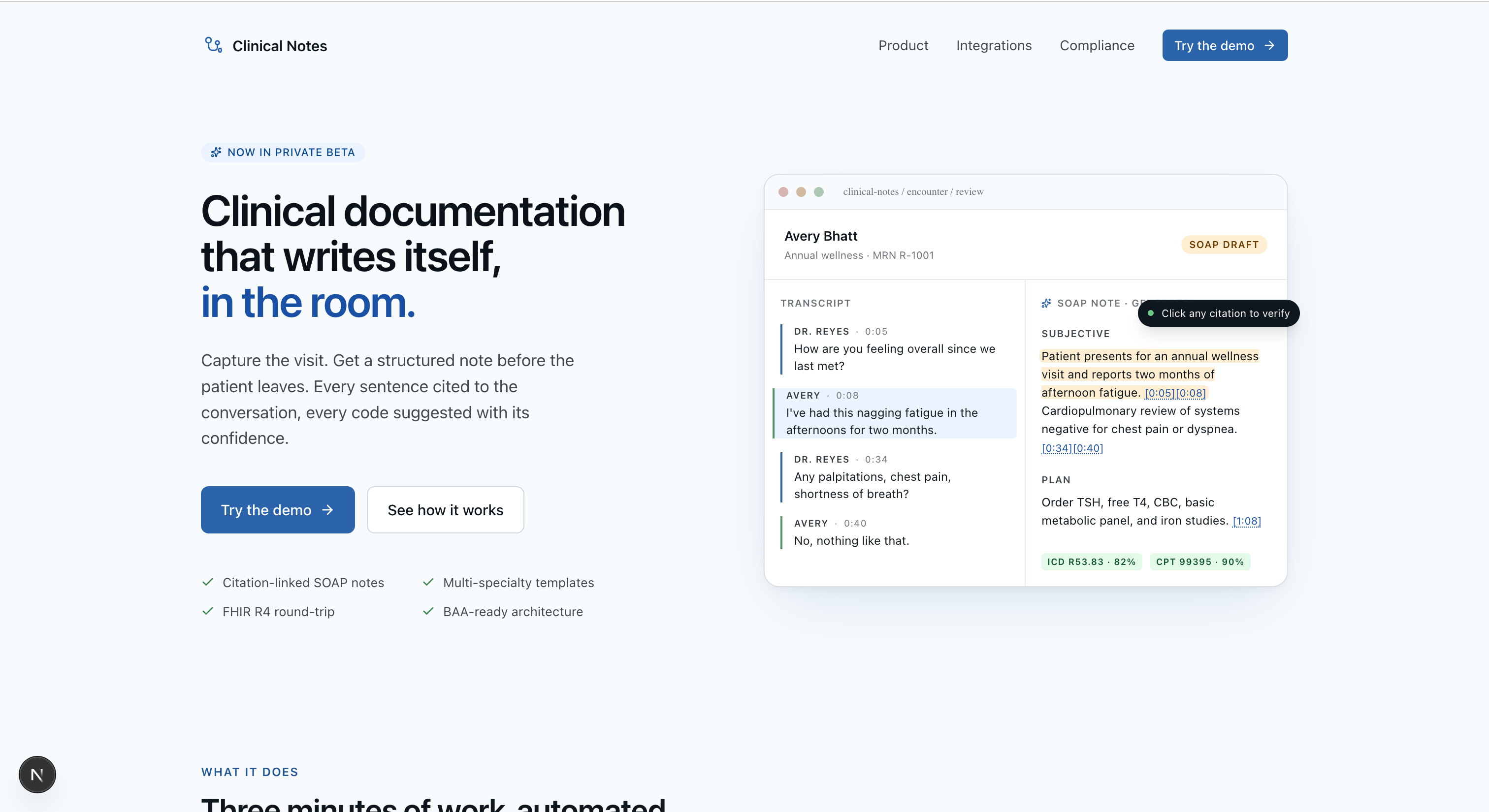 Clinical Notes — landing page with citation-linked SOAP draft preview